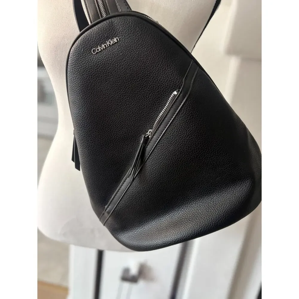 Calvin Klein Black Faux Leather Diagonal Zip Backpack